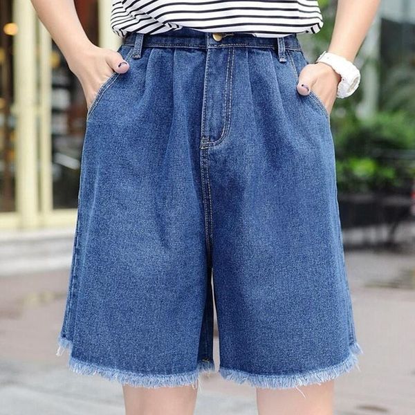 

summer knee length women casual jeans shorts harajuku wide leg high waist white denim shorts vintage tassel hem short femme y200822, White;black