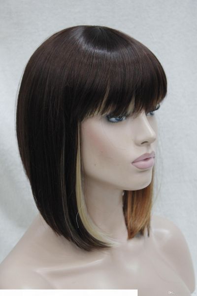

hivision 2017 new fashion health super cute fashion cute bob auburn copper red and blonde three tone short straight women's full wig, Black