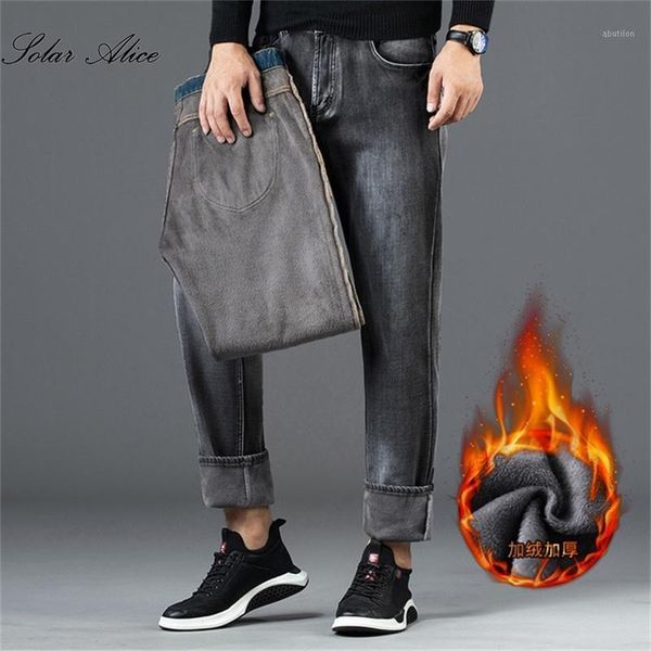 

men's jeans 2021 men's winter plus velvet thick mid-rise straight loose slim warm pants1, Blue
