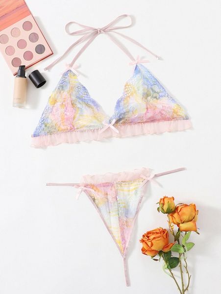 

plus floral lace frill trim lingerie set l1ow#, Black;white