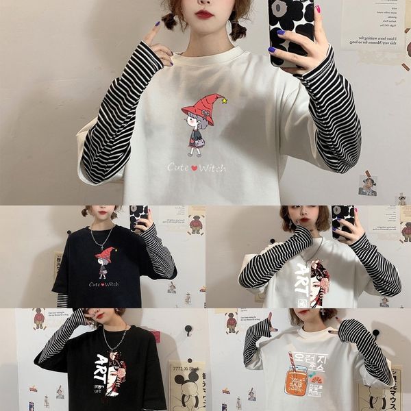 

gerh6 хлопка рукав 2020 китайских верхняя полоса печатается футболка два мультфильма свободно поддельный сшитым продолжительная осень футбол, White