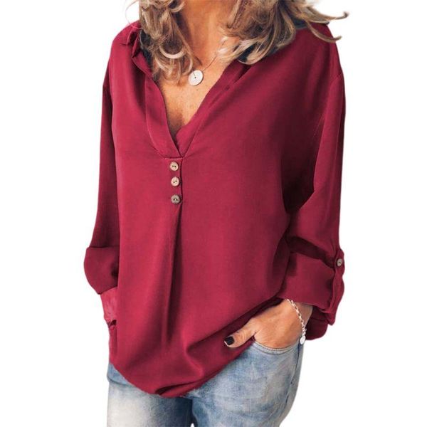 

womens plus size roll up long sleeve blouse v-neck buttons decor solid color shirts casual loose lapel tunic s-3xl, White