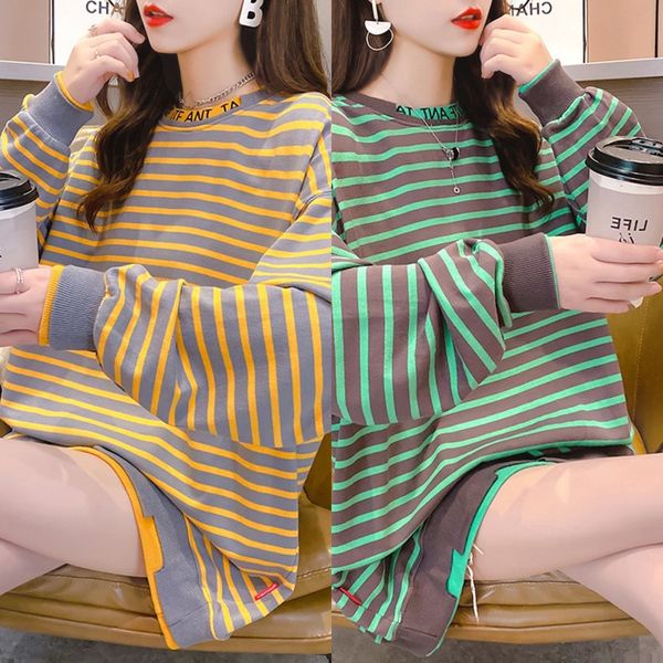 

odk7x 2020 korean style early autumn temperament cotton striped sweater new sweater women's ins trendy women's mid-length fake two, Black