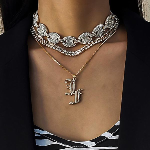 

chokers timeonly exaggeration multi layering pig nose shinning rhinestone necklace alloy letter pendant necklaces for women ladies, Golden;silver