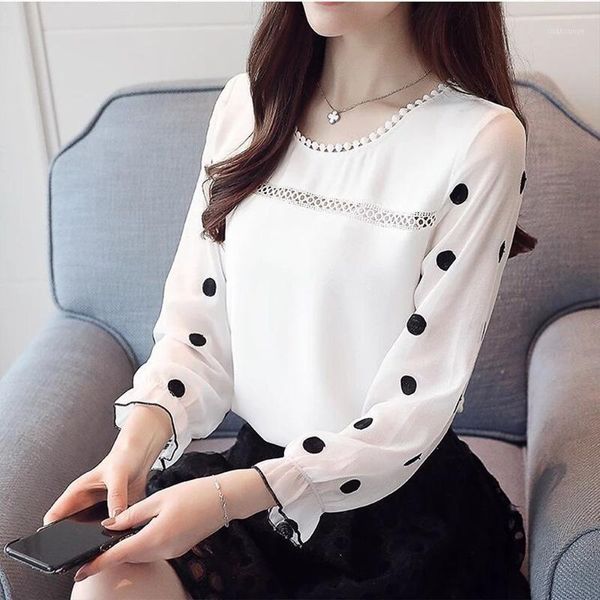 

fashion women's spring autumn chiffon shirts elegant casual women's o-neck blouses long sleeve shirts df32011, White