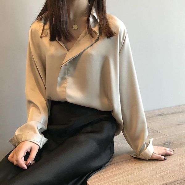 

new spring elegant blouses women long sleeve satin shirts female turn-down collar simple solid single-breasted loose blusas, White