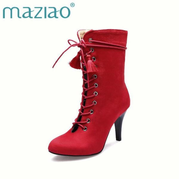 

shoes women boots high heels ankle pointed toe buckle lace-up ladies red pink big size 45 48, Black