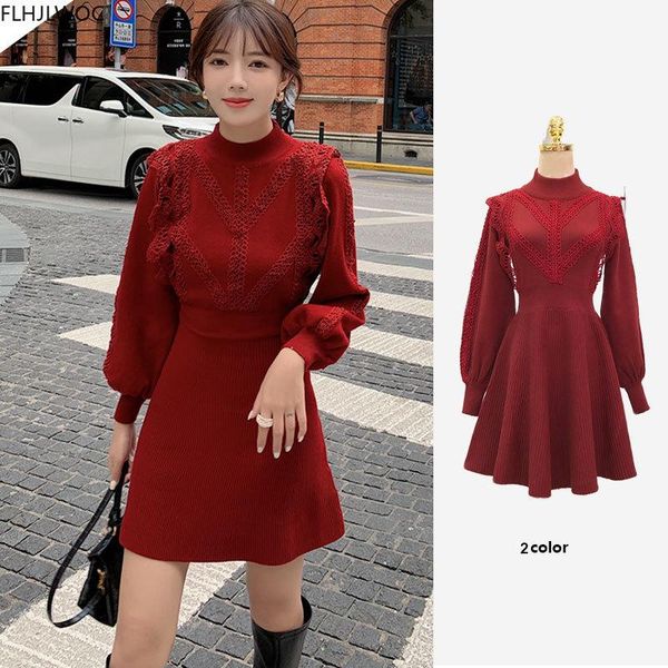 

2021 new year date girls fenimine vestidos women fashion long sleeve solid color patchwork lace red mini knitted sweater dress, Black;gray