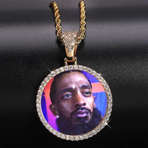 Foto personalizzate Collane con ciondoli di moda Gioielli Moda Collana con ciondolo a forma di cerchio placcato in oro 18 carati Collana con zirconi scintillanti pavimentati Hip Hop