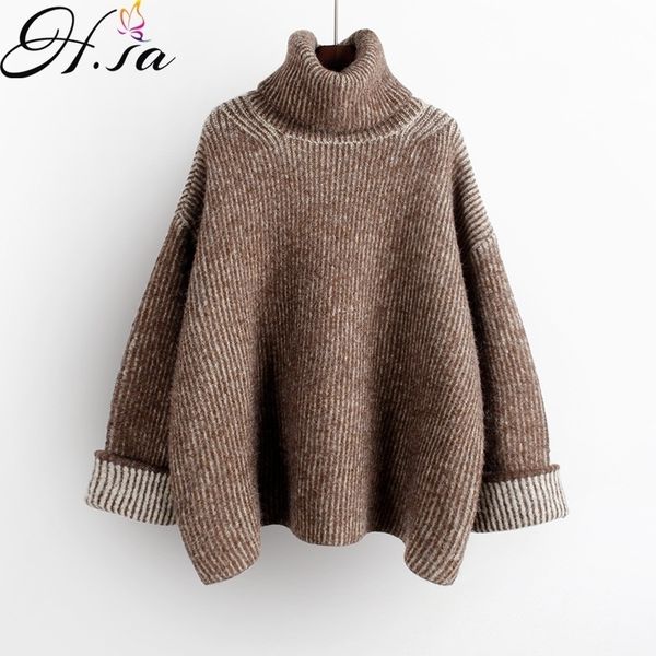 

h.sa women high turtleneck green sweater and jumpers long sleeve solid oversized pullovers thick winter knitwear korean lj201112, White;black