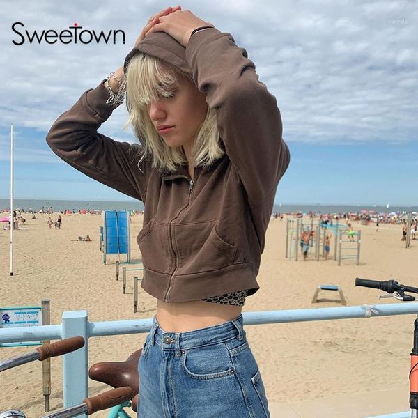

sweetown brown y2k aesthetic zip up hoodies women vintage 90s cropped sweatshirts patchwork pockets pink e girl pullover 1, Black