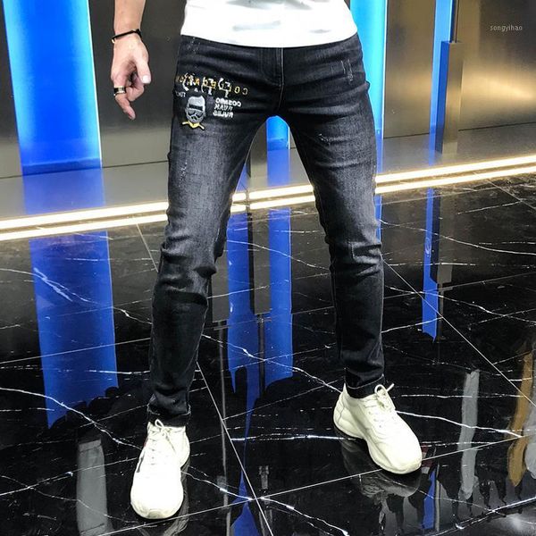 

european station fashion brand elastic little leg jeans 2020 autumn new tooling drill cartoon cutting pants men's pants1, Blue