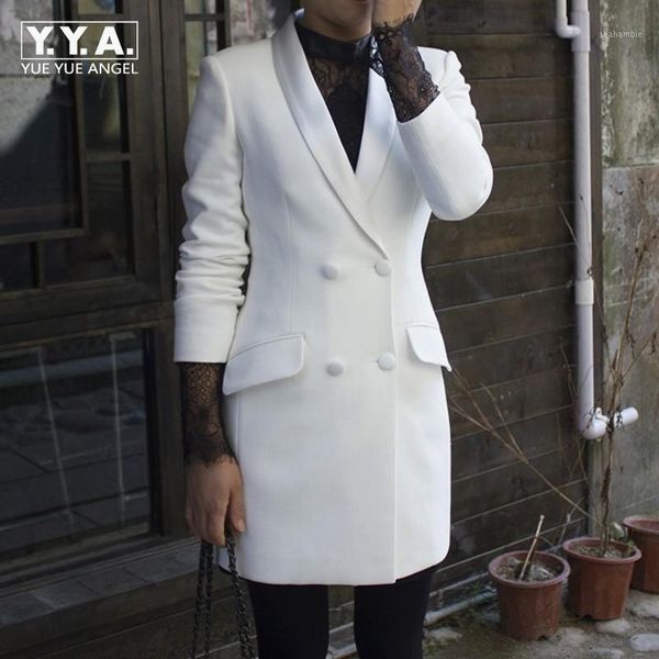 

spring autumn women white formal blazer long jacket satin shawl collar double breasted office ladies work blazer slim fit coat1, White;black