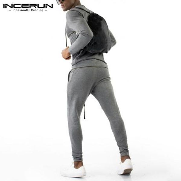 

incerun fitness sport suit hombre zipper sets leisure solid color men sets long sleeve o neck drawstring pants 2 pieces 5xl, Gray