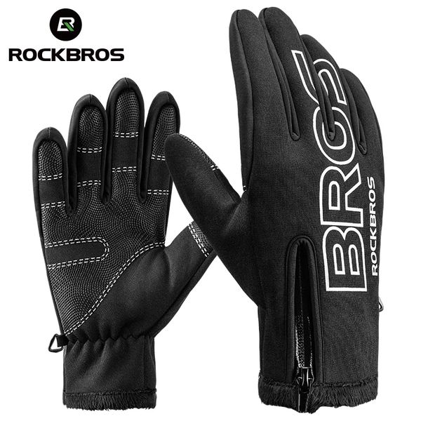 

rockbros winter cycling warm full finger bicycle gloves touch screen outdoor sport waterproof bike ski gloves, Black
