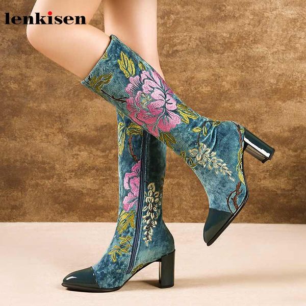 

lenkisen chinese style elegant embroidered flock fashion pointed toe high heels side zip winter warm women mid-calf boots l2a, Black