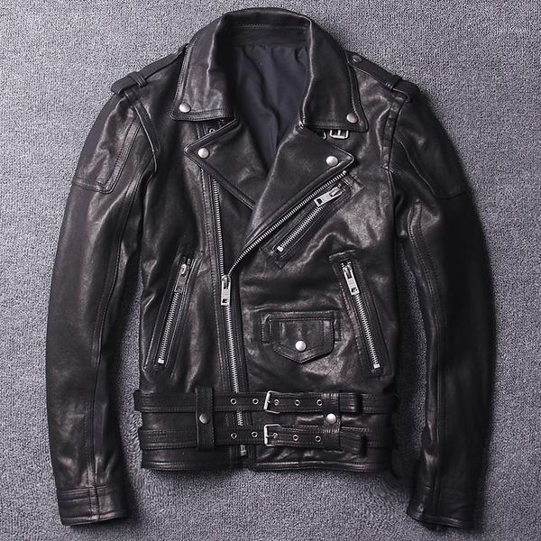 

genuine leather man's jacket vegetable tanning sheep skin motorcycle coat youth style lapel slim short autumn winter clothing1, Black