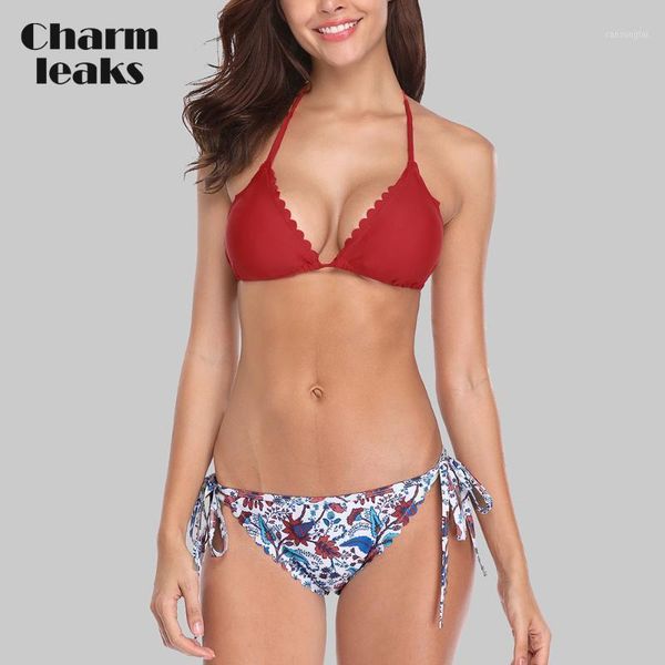 

charmleaks women scalloped bikini sets floral print bikini halter swimwear bandage swimsuit beachwear1, White;black