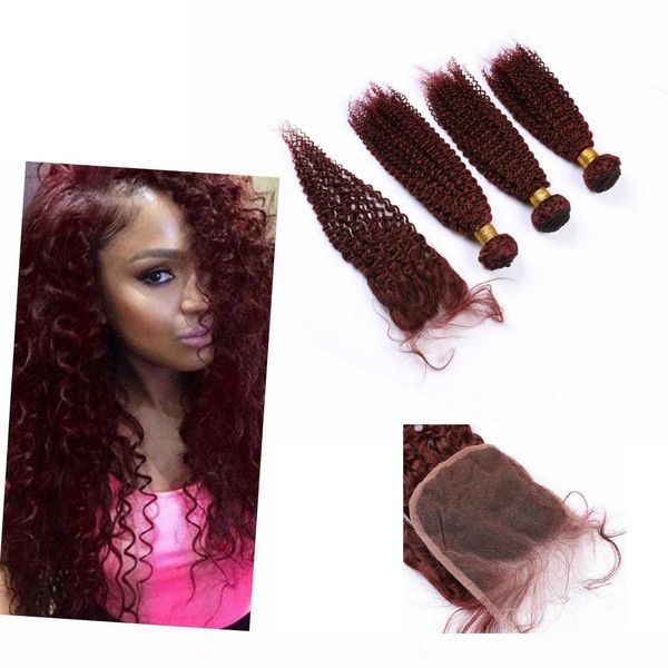 

indian #99j color sew in bundles with closure 4" * 4" kinky curly weave bundle with closure human hair, Black;brown