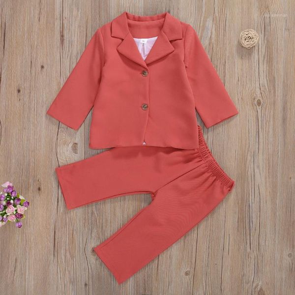 

children girl suits set classic solid color long sleeve lapel button jacket + wide leg trousers1, White