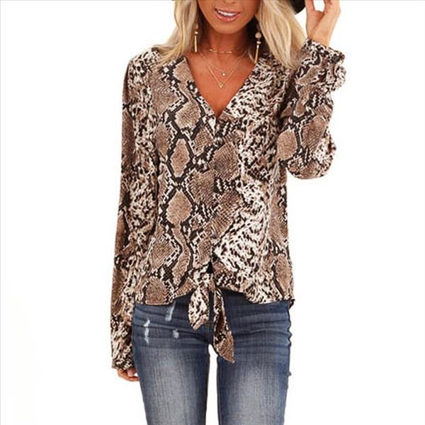 

animal snake skin printed shirts women blouse long sleeve v neck collar elegant ladies casual blouses, White