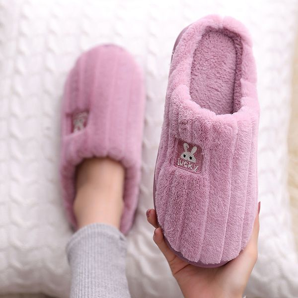 

winter slippers women rabbit fur plush slippers for girls simple stripes home shoes soft cozy zapatillas casa mujer lucky x1020, Black