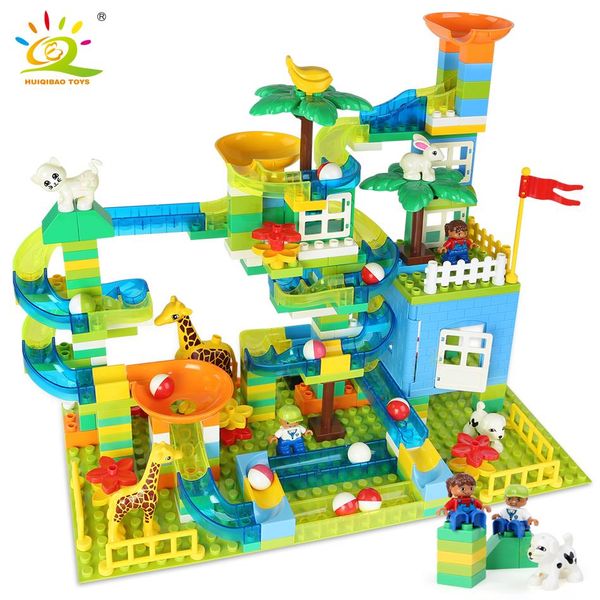 

huiqibao 243pcs animals park house marble race run track big building blocks duploed size bricks with baseplate set children toy sqcghd