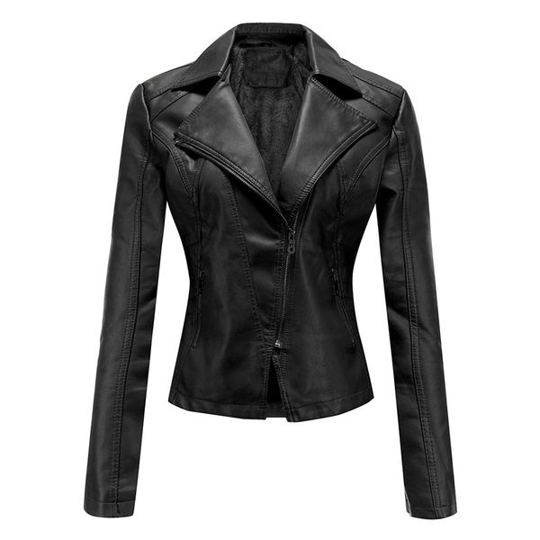 

women plus size cashmere pu leather jacket autumn solid biker jackets korean style turn down collar casual coats femme 201030, Black