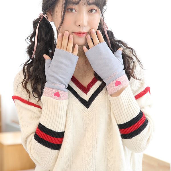 

glove girl autumn and winter lovely sweet korean simple fashion cartoon thin student writing warm half finger gloves, Blue;gray