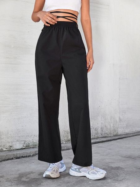 

crisscross tie back solid pants 74qf#, Black;white