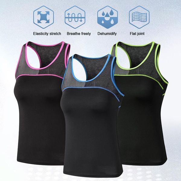 

running jerseys women's yoga sports vest fitness morning run contrast color matching mesh breathable badminton leotard elastic quick dr, Black;blue