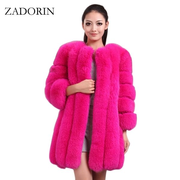 ZADORIN S- Winter Luxury Faux Fox Fur Coat Slim Long Pink Red Blue Faux Fur Jacket Women Fake Fur Coats manteau fourrure LJ201021