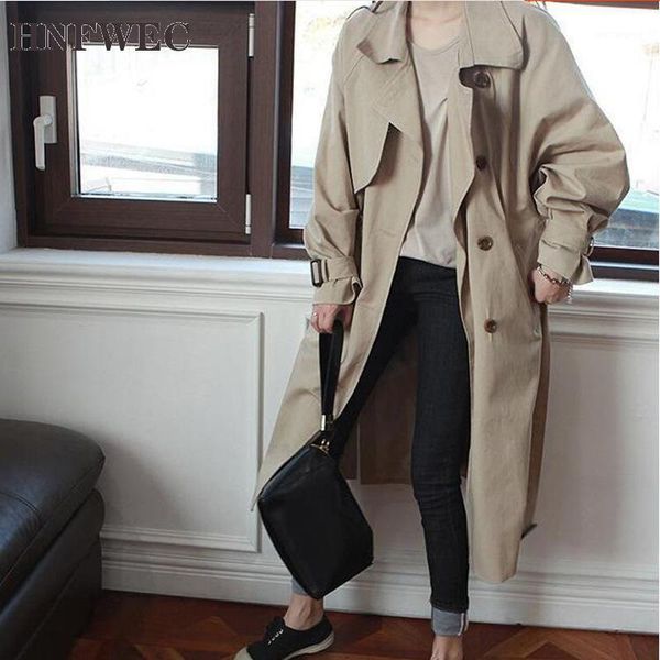 

khaki lapel long sleeve double-breasted split fork loose windbreaker woman casual fashion 2020 spring coat new v2941, Tan;black