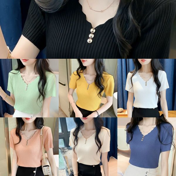 

ice silk short sleeve t-shirt women's clothing 2020 summer new loose half sleeve korean v-neck buttonbutton button buttonknitted bot, White