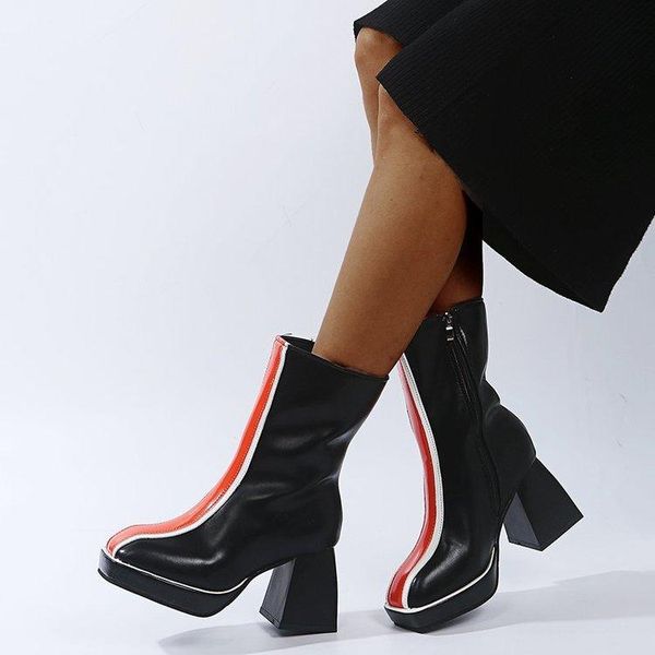 

2020 fashion platform women mid-calf boots side zipper elegant thick heels pumps wedding office lady shoes woman, Black