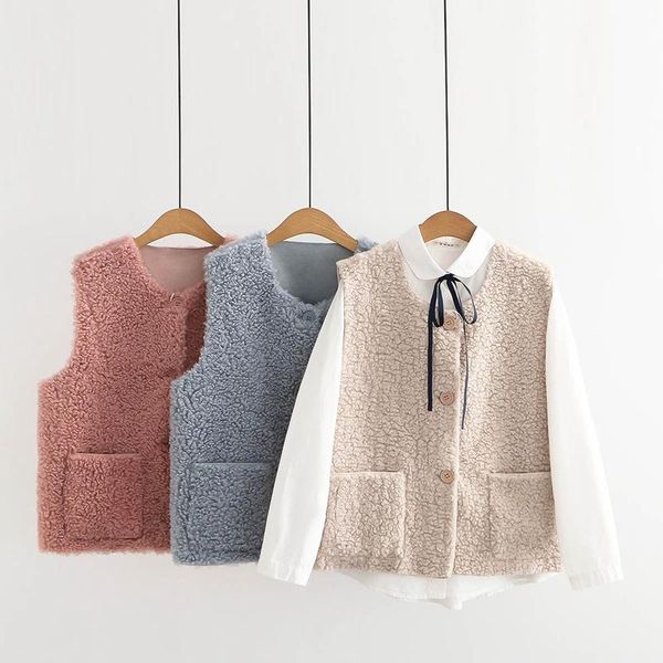 

women's vests autumn winter fashion sweet cashmere women chic o neck sleeveless solid color single breasted thick warm vest for female, Black;white