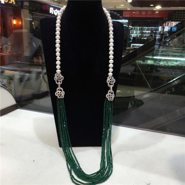 

chains rose button cz clasp natural pearl necklace, green jade garnet, multi-layer long sweater chain, multi-way, Silver