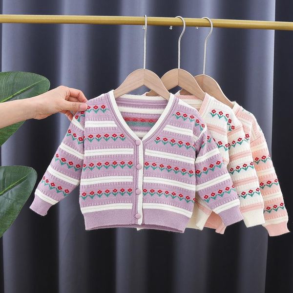 

pullover spring 2021 girls sweater cardigan flower v-neck jacket, Blue