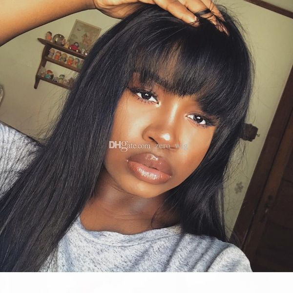 

5*4.5'' silk lace front wig with bangs full lace wig human hair unprocessed brazilian silk base wigs with baby hair, Black;brown
