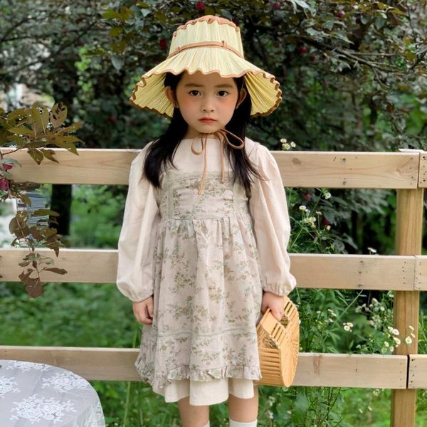 

autumn children clothing girls solid color cotton and linen dresses+floral sling dress two pieces set toddler long sleeve dress, Red;yellow