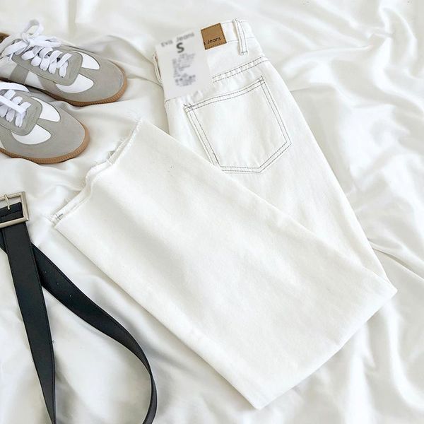 

vintage women straight jeans 2020 spring casual streetwear pockets white bottom striped korean style women long pants1, Blue