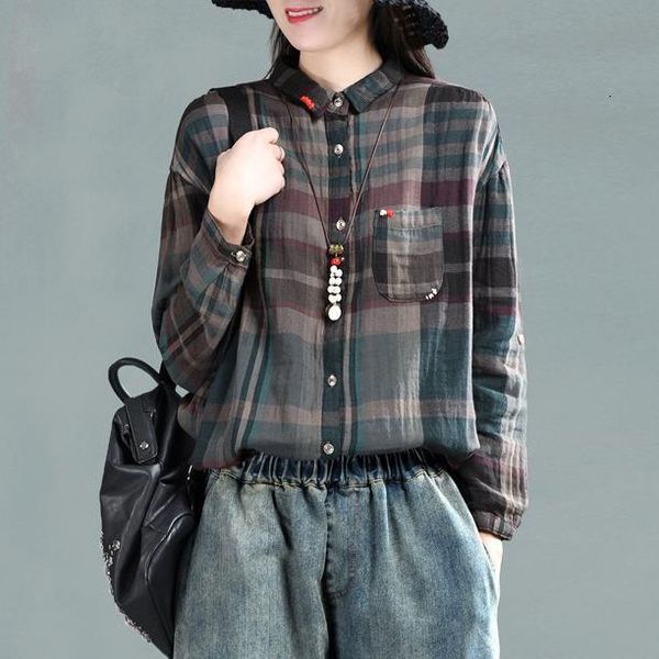 

vintage mori girl plaid 2019 spring new cotton big size shirt loose linen soft female korean fashion blouse yoyikamomo, White