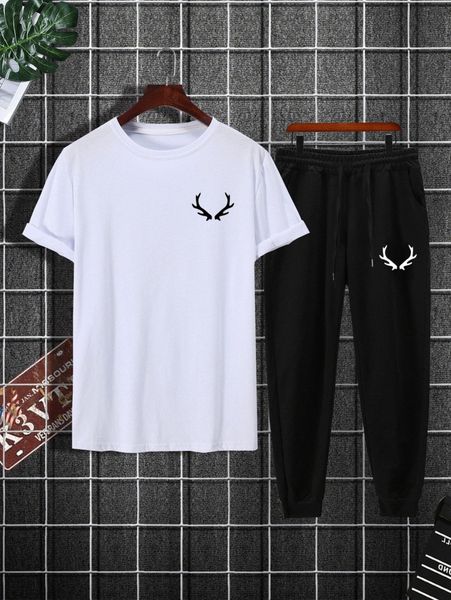 

men antler print tee & drawstring waist sweatpants 13ov#, Gray