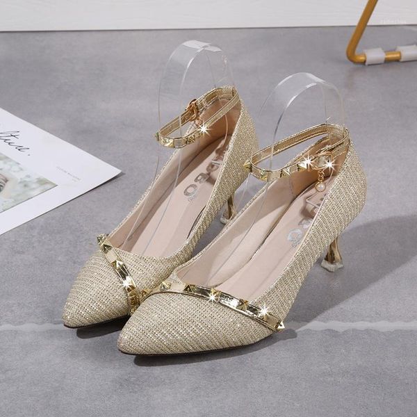

elegant ladies shinning glitter gold pumps 2021 pointed toe style high heels ankle strap wedding party shoes u28- dress, Black