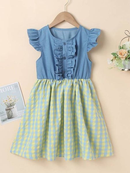 

girls gingham print ruffle trim a-line dress she, Red;yellow