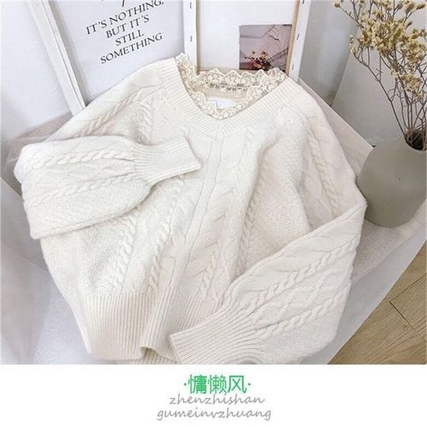 

2021 new autumn and winter new lace couture with low neckline on v flax flower color short outer female sweater kni ugk6, White;black