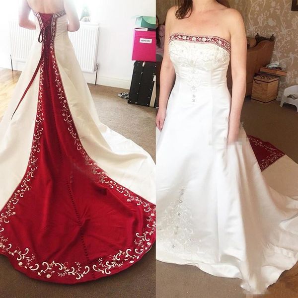 

vintage red and white satin plus size a line wedding dresses strapless lace applique beaded bridal gowns wedding dress vestidos de noiva