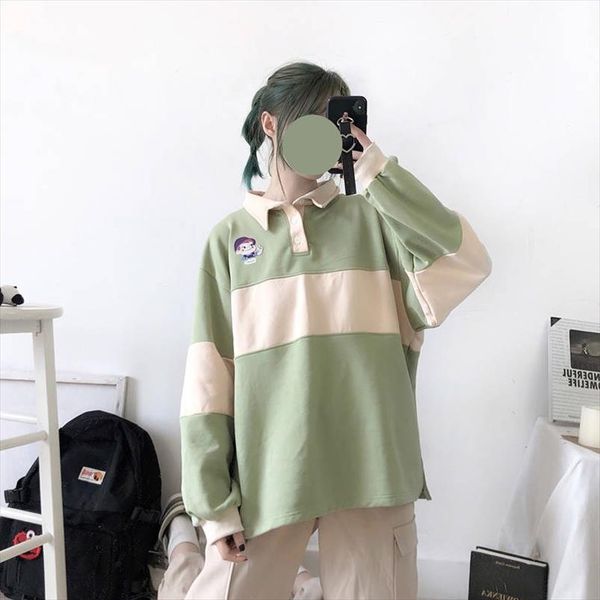 

autumn new oversized women sweatshirt preppy style cartoon kawaii loose long sleeved lapel stripe pullover women top, Black