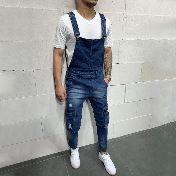 

black jeans men ripped big pockets jean bib pants hip hop 2019 fashion mens denim cargo pants jumpsuit male jeans overalls d251, Blue