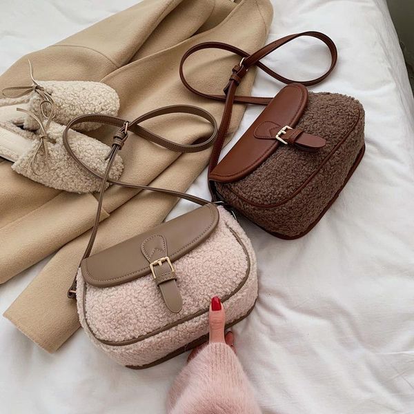 

fashion plush small bag female autumn winter new style messenger bag lamb hair leather square bags for women shoulder handbags